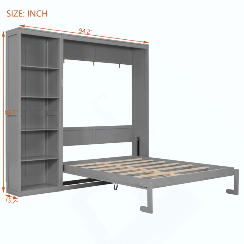 Lit escamotable avec tablettes, lit escamotable peu encombrant pour les pièces polyvalentes et les petits appartements, Gris