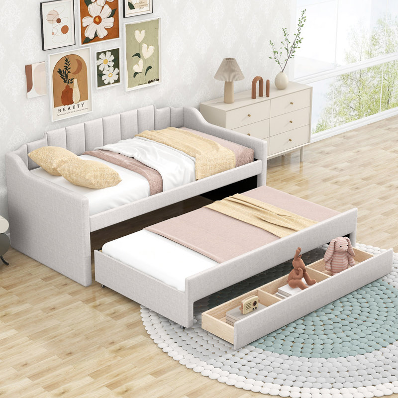 Lit de jour simple tapissier avec lit gigogne et trois tiroirs, Beige