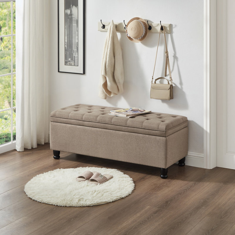 Upholstered Tufted Button Storage Bench, Linen
