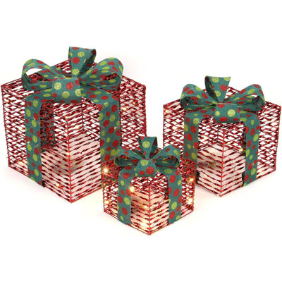 Set Of 3 Light-Up Christmas Gift Boxes With 50 Warm White LED Lights Battery-Powered Xmas Decor Red With Green Ribbon