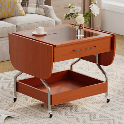 Modern Extended Coffee Table With Wheels, Folding Coffee Table With 1 Drawer And 2-Tier Storage, Metal Frame Coffee Table For Living Room