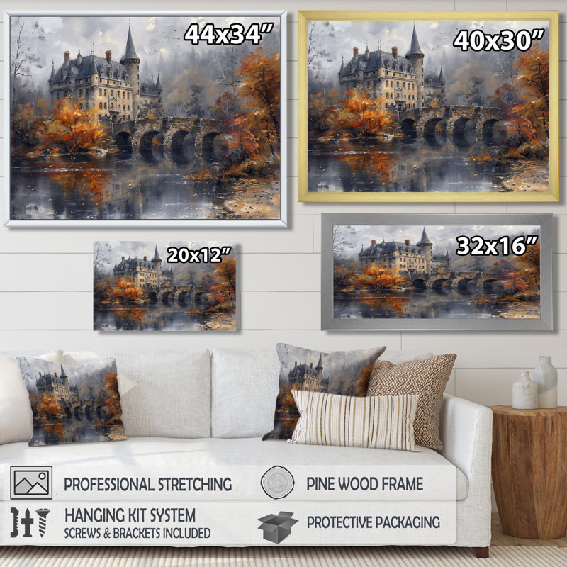  «Beige Orange Autumn Rustic Chateau In Europe II - Chateaus», reproduction d'art, Toile argentée avec cadre flottant