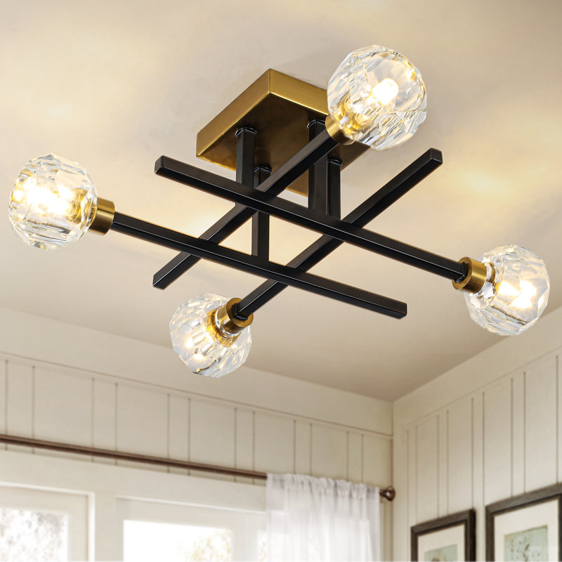 18.23 in. 4-Light Black & Gold Sputnik Semi-Flush Ceiling Light, Dimmable, Perfect for Living Room, Bedroom & Hallway