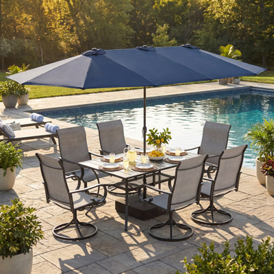 6-Person Rectangular Patio Dining Set with Swivel Textilene Chairs and 13 ft Market Umbrella