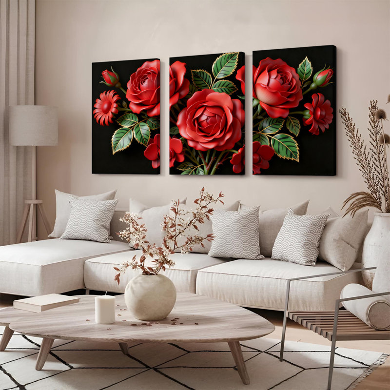 «Red Roses», reproduction d'art sur toile tendue sur toile, ensemble de 3, H 18 po x l 36 po