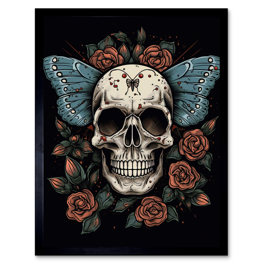 Allandy Skull Moth And Roses Tattoo Ink Body Art Rockabilly Americana - Single Picture Frame Print
