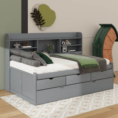 Twin-Size Wooden Captain Bed With Built-In Bookshelves, Three Drawers, And A Trundle