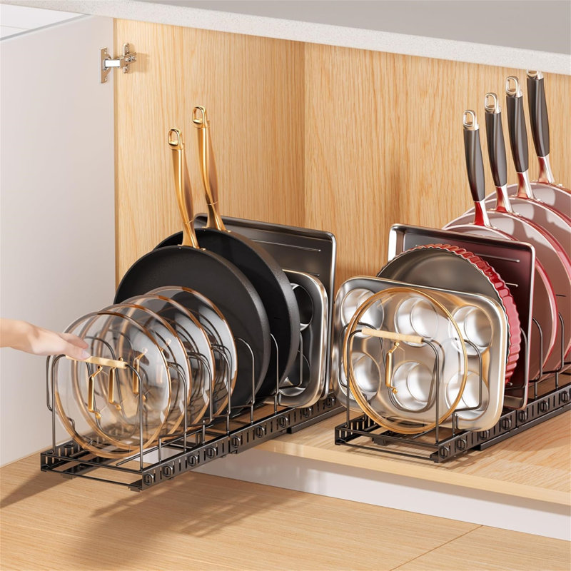 Two-piece under cabinet pull out pot rack with adjustable dividers and handle dividers, suitable for kitchen storage, space saving, practical and convenient.