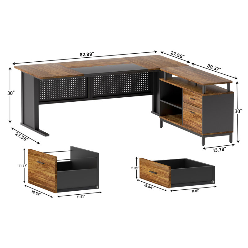 Armoire à tiroirs 63 "pour bureau de direction, bureau en L avec tablettes, bureau d'ordinateur divisé et classeur latéral suspendu, mobilier de bureau personnel pour bureau à domicile, brun rustique et noir