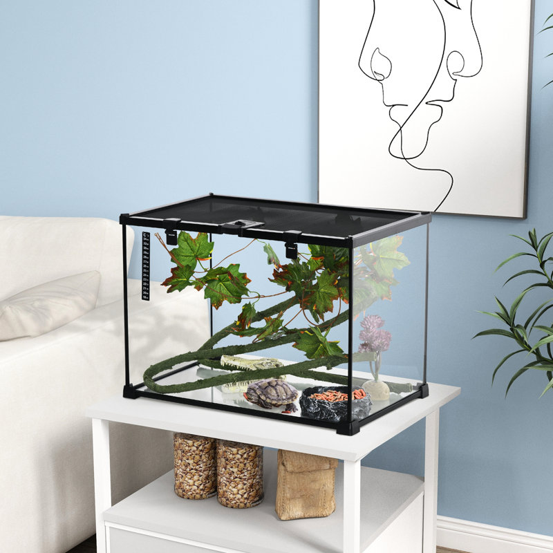 Réservoir de reptile 14 gallons avec ensemble de décoration. Vue à 360 °, coffre-fort, pour terrasses pour lézards et plus, feuille d'érable noire et lézards cachettes, serpents, grenouilles, araignées