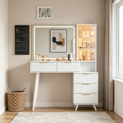 Bureau de maquillage avec miroir et lumières, panneau à cannelures, 11 tiroirs, tablettes ouvertes, luminosité réglable