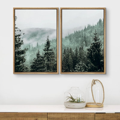 Misty Forest Landscape " Aerial View Green Mist Mountain Forest Nature Landscape Print Decor " 2 - Pieces