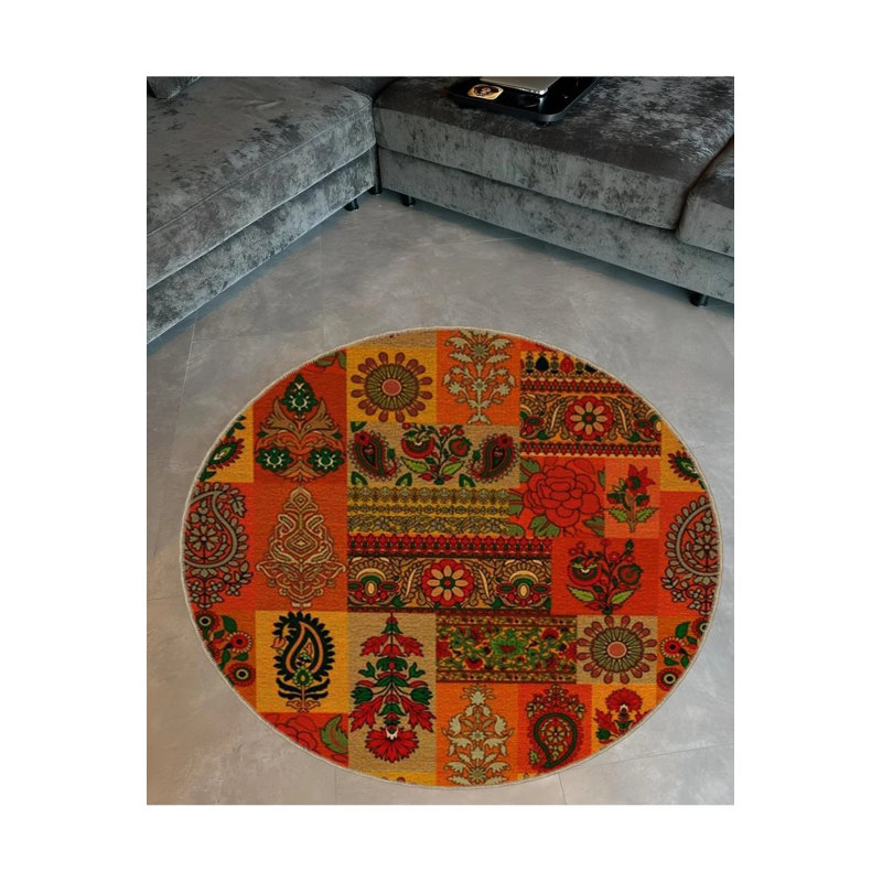 Modern Decorative Carpet With Ethnic Patterns In Orange Tones, Round 2'8"