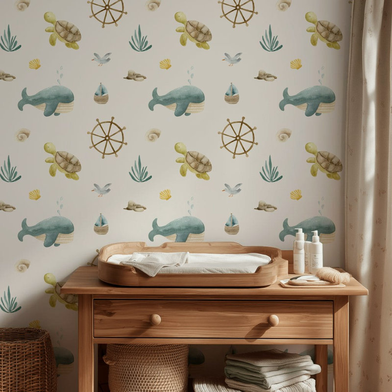 Papier peint marin, tortue baleine, Non tissé, non collé