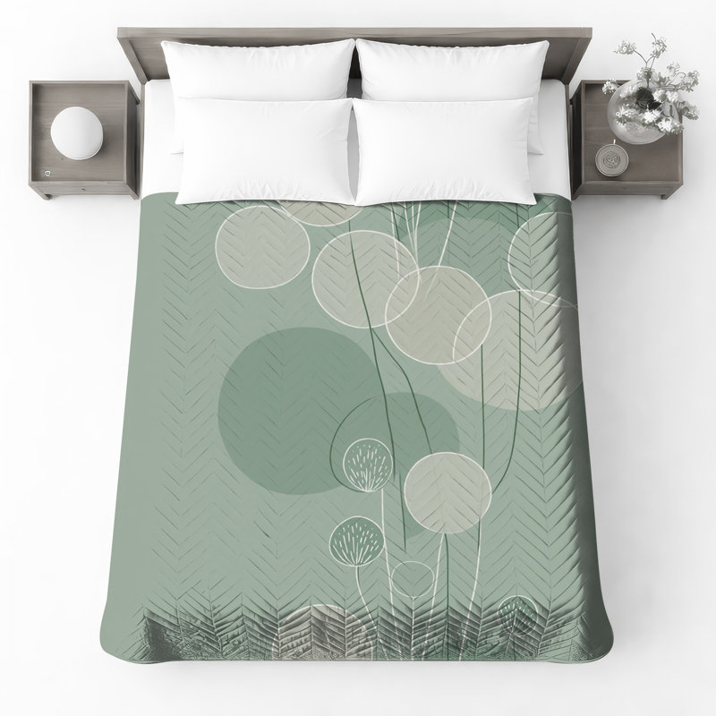 Couvre-lit matelassé vert à motif de cercles abstraits toutes tailles, Ensemble de courtepointe grand, Vert géométrique