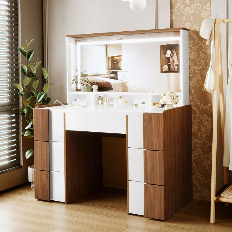 44.4" Elegant Vanity Table with Large Lighted Mirror & Power Outlet, Dressing Table with 7 Drawers & Shelves