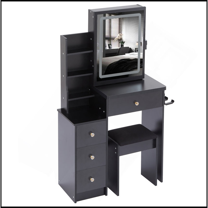 Petite coiffeuse 29,2 po avec tabouret de chevet gauche + tabouret rembourré, 2 blocs d'alimentation CA + 2 ports USB, support pour sèche-cheveux, très grand miroir à DEL coulissant à contrôle tactile, changement de couleur tricolore, réglage de la