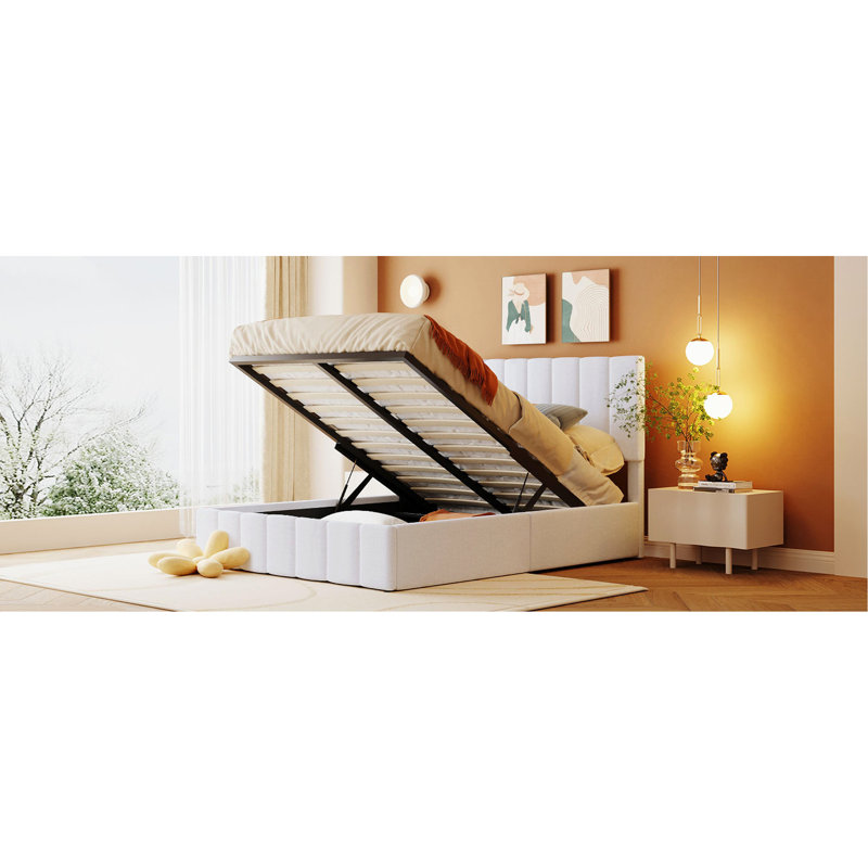 Lit plateforme double rembourré blanc avec rangement hydraulique. Structure robuste en contreplaqué, 12 lattes. Aucun sommier tapissier requis. Revêtement en lin fin. Capacité de 400 lb. Matelas L 78,3 po x l 57,4 po x H 45,5 po