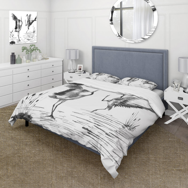 Deux grues japonaises amoureux - ensemble de housse de couette traditionnel - microfibre de polyester