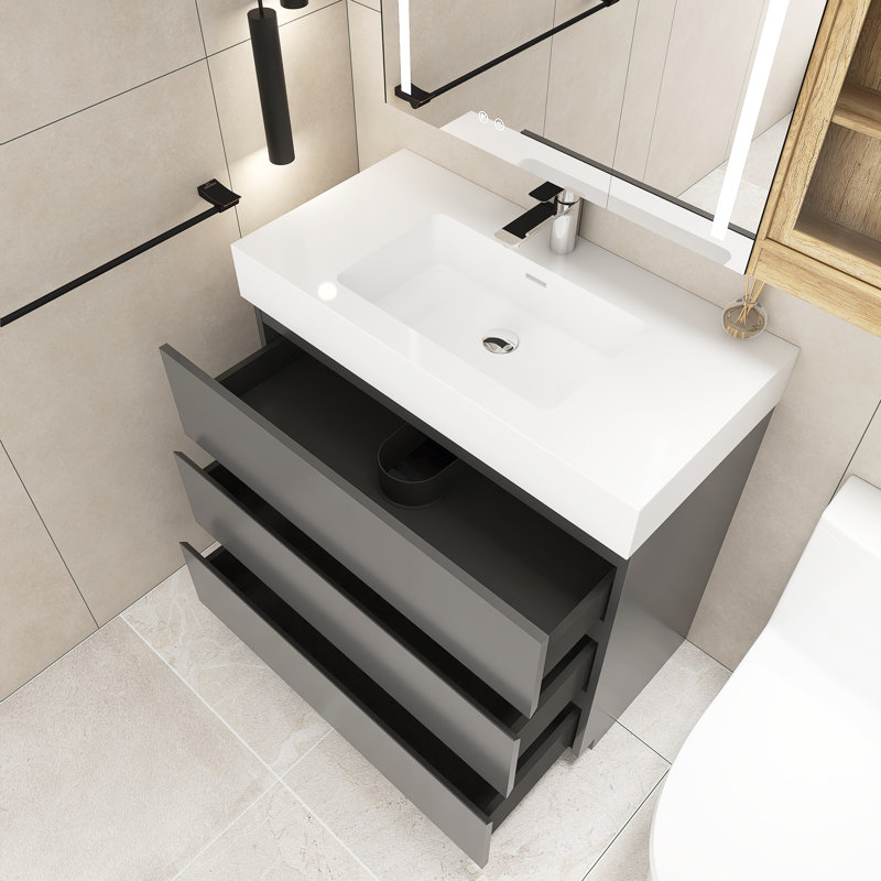 Rahoul 35.8'' Single Bathroom Vanity with Solid Surface Top, Gray, White