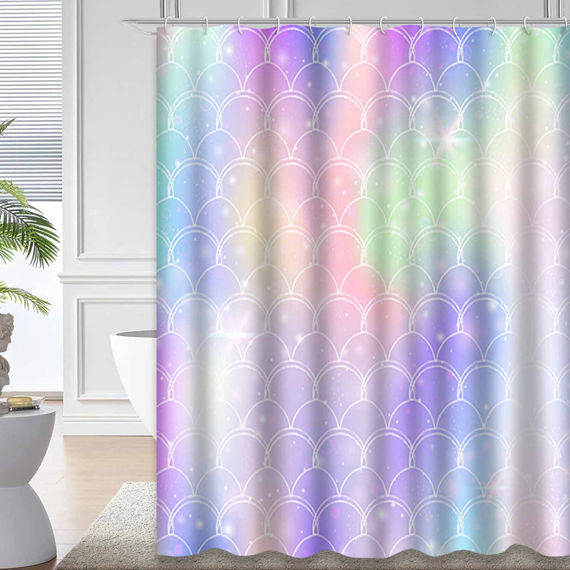 Mermaid Scales Rainbow Sparkle Art Waterproof Shower Curtain with 12 Hooks, 72" L x 72" W