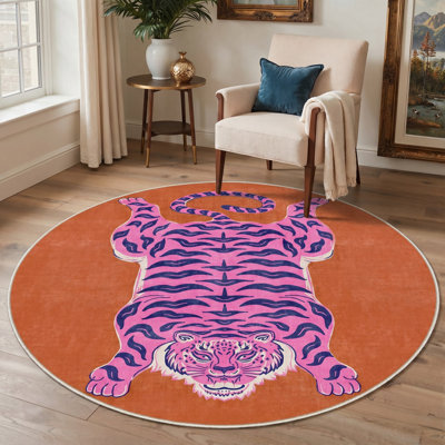 Kai Sunset Jungle Tiger Animal Machine Washable Print Orange / Pink Indoor Area Rug with Non-Slip Backing