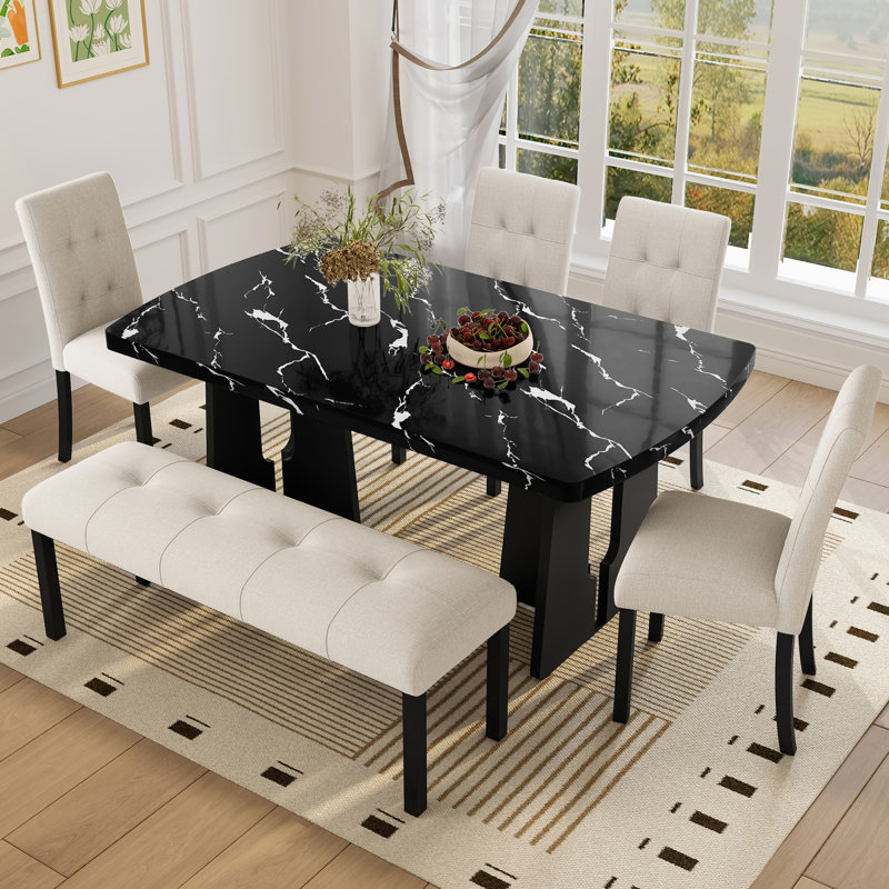6 Piece Modern Faux Marble Dining Set With Geometric Legs, Upholstered Chairs & Bench, Easy Assembly For Kitchen And Dining Rooms, Dining Table Set