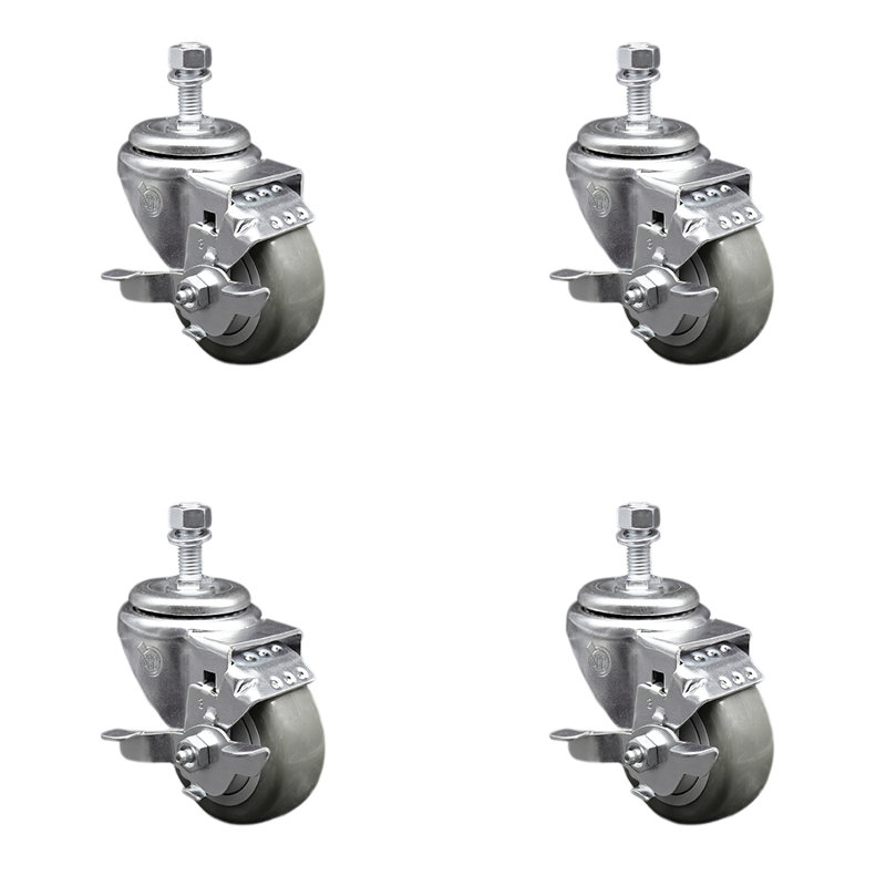 Ensemble de roulettes à tige filetée en polyuréthane 3 pouces et demi-tige filetée frein, Marron