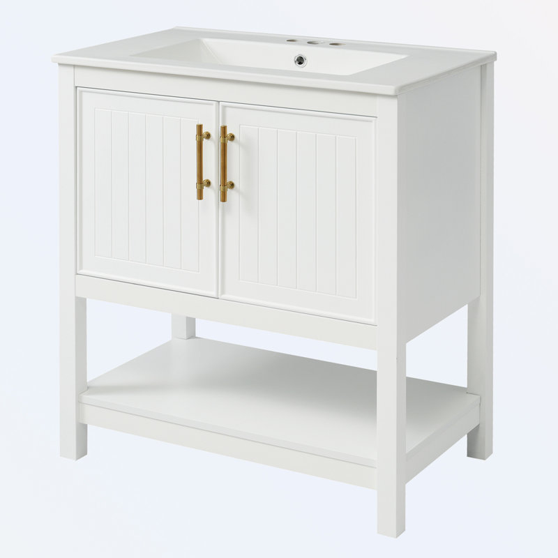 Meuble-lavabo de salle de bain avec lavabo en céramique et rangement polyvalent, Blanc