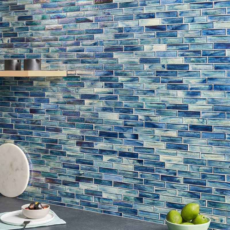 Artwater Iridescent 12x12 Brick Iridescent Polished Glass Mosaic Tile, Beach Blue
