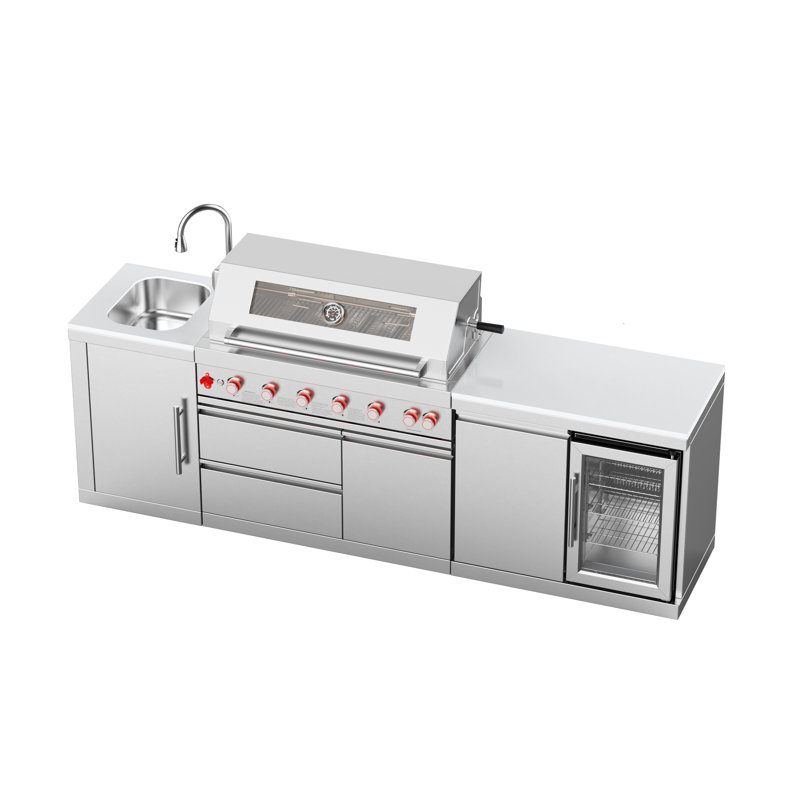 Îlot de cuisine extérieur modulaire 3 pièces VESTIVium - Barbecue au gaz à 6 brûleurs avec rôtissoire infrarouge arrière, module d'évier, réfrigérateur et ensemble de rangement, comptoir en quartz blanc, acier inoxydable (NG)