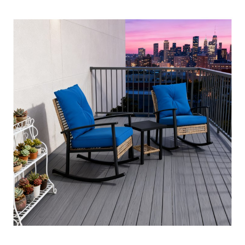 Rocking Chairs, Coffee Table,Button Tufted Cushions With Patio Furniture Set, Blue