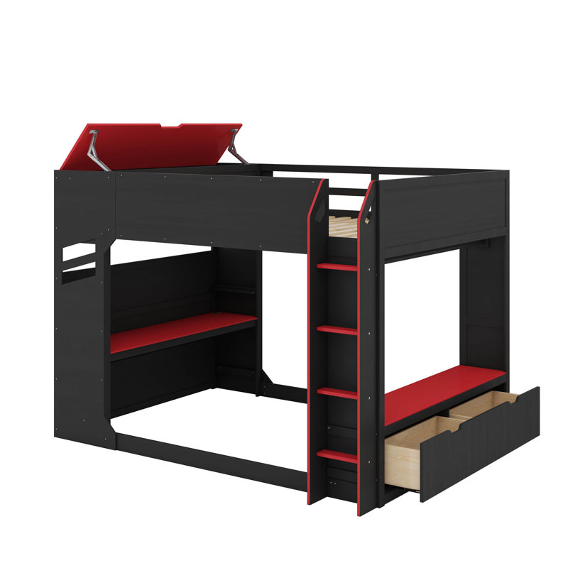 Full Size Wood Loft Bed With Desk,Drawers,Storage Compartments,Hanging Rod And RGB Lights, Red