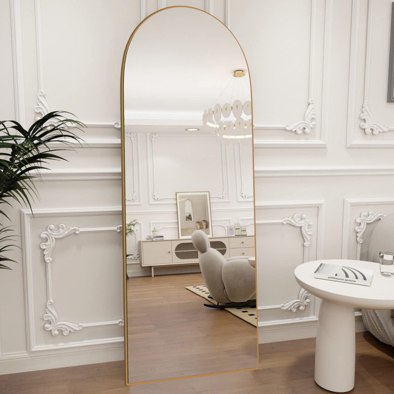 Oversized Wood Arched Full Length Mirror, Standing or Leaning Full Body Mirror, Gold, 65" x 22"