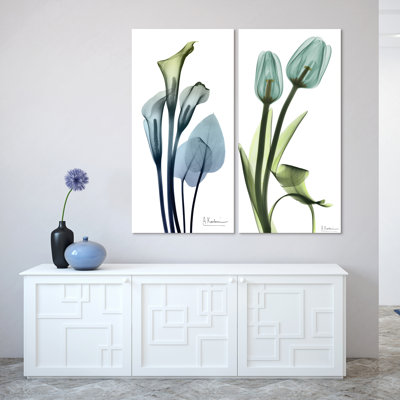 Calla lis et tulipes bleues - ensemble de 2 peintures sans cadre sur verre