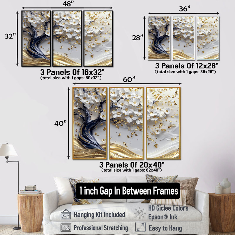 Ensemble de fleurs de cerisier blanches et bleues, Toile avec cadre flottant noir, H 32 po x l 48 po x P 1 po