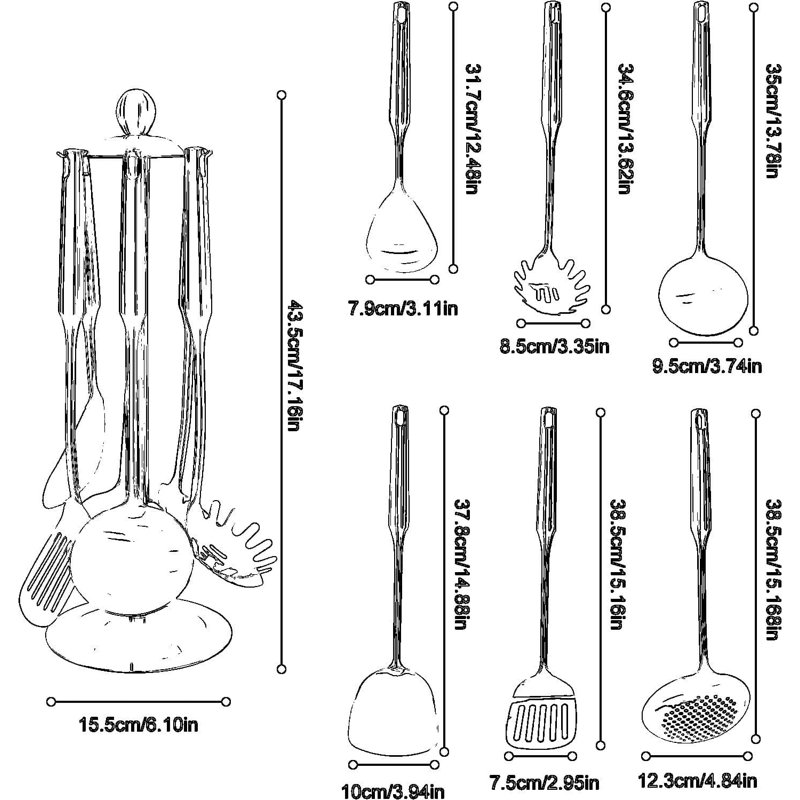 Ensemble d'ustensiles en acier inoxydable plaqué or avec support - 7 pièces d'outils de cuisine professionnels pour la friture, la cuisson et la préparation des aliments - Essentiels de cuisine allant au lave-vaisselle