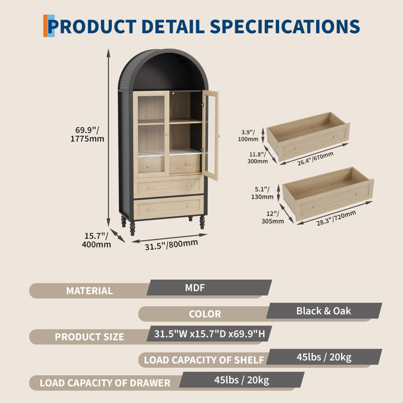 Grande armoire 70 po avec lumières DEL avec portes en verre trempé, 3 tiroirs et tablette réglable, armoire de présentation pour le salon