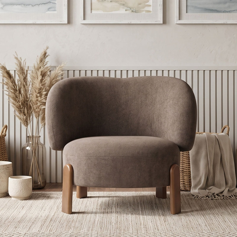 Fauteuil d'appoint à oreilles rembourré avec assise coussinée et pieds en bois massif, Dark Brown