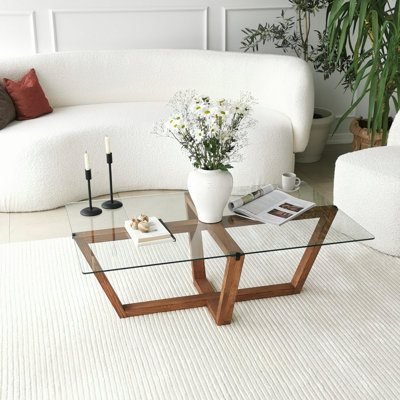 Modern Coffee Table with 100% Tempered Glass Top & 100% Pine Solid Wood Frame, Walnut Color, 41.3 x 13.8 x 25.6 Inches | Durable & Stylish Design, Perfect for Living Room or Lounge Spaces