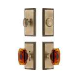 Grandeur Carre Short Plate Entry Set with Baguette Amber Crystal Knob in Antique Pewter