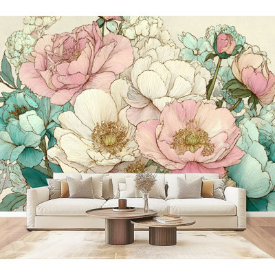 Papier peint auto-adhésif à motif floral aquarelle délicat à motif floral crème H 69 po x l 96 po, adhésif mural pour chambre à coucher, bureau à domicile