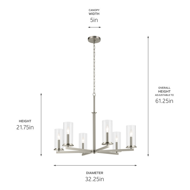 Lustre 6 lumières 21,75 "21,75", Nickel brossé