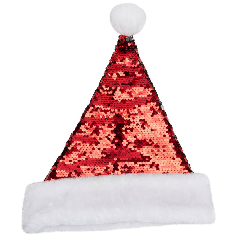 15" Reversible Sequined Christmas Santa Hat with Faux Fur Cuff, Red/Silver