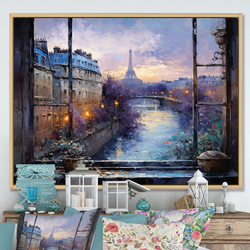 Vue de la fenêtre de Paris au coucher du soleil - Art mural Paris, Cadre flottant brun, H 30 po x l 40 po x P 1,5 po