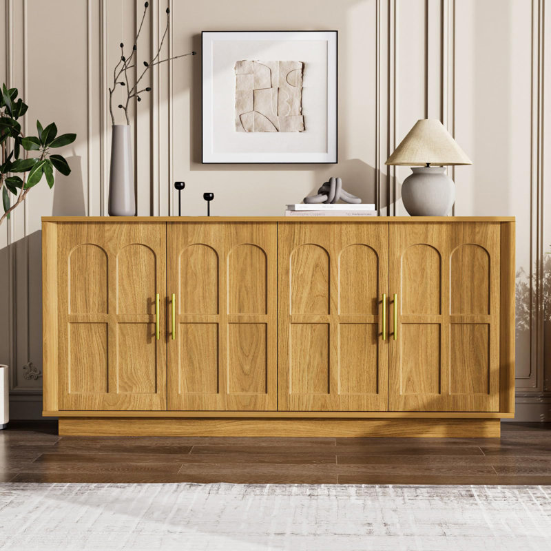 66.5'' Wood Buffet Sideboard With 4 Arched Doors, Modern Storage Cabinet, Yellow