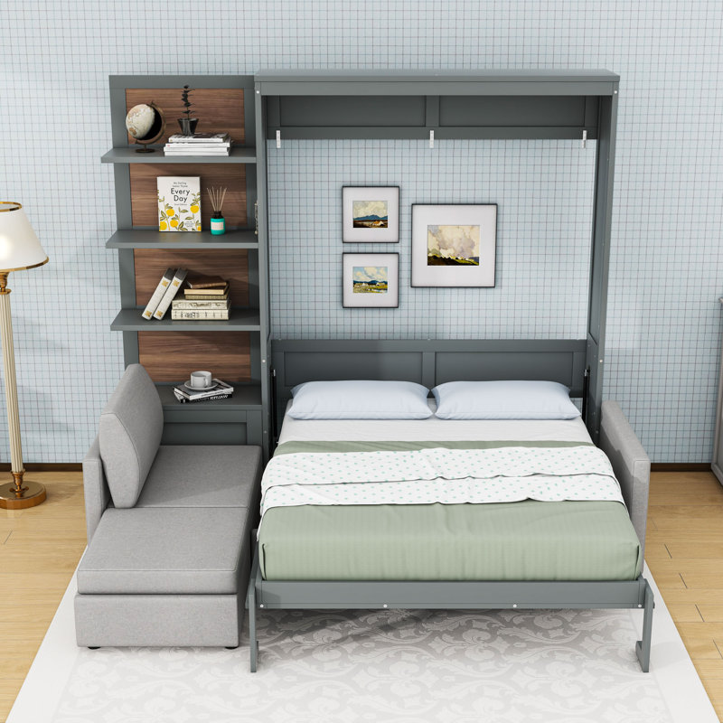 Lit escamotable en bois avec canapé et tablettes, gris