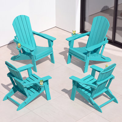 Set of 4 Folding Adirondack Chairs, Wood Texture, Cup Holder, All-Weather HDPE
