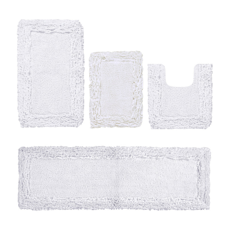 Ensemble de tapis pour salle de bain 100% coton 1775 g / m² 4 pièces Courson, certifié OEKO-TEX®, envers en latex antidérapant, motif de volants touffetés moelleux, super absorbant, tapis de salle de bain lavables à la machine, blanc