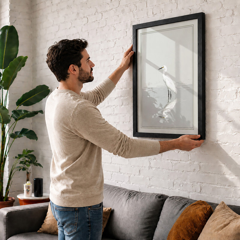 White Egret Reflected Minimalist - Framed Print, Oak, A3 - 42.0 x 29.7 cm